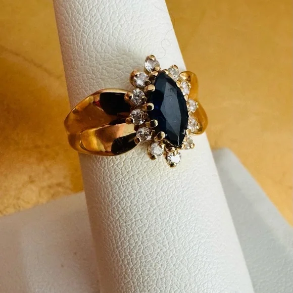 14K Yellow Gold Sapphire Solitaire Halo Ring Cocktail size 7 wide shank - Picture 2 of 7